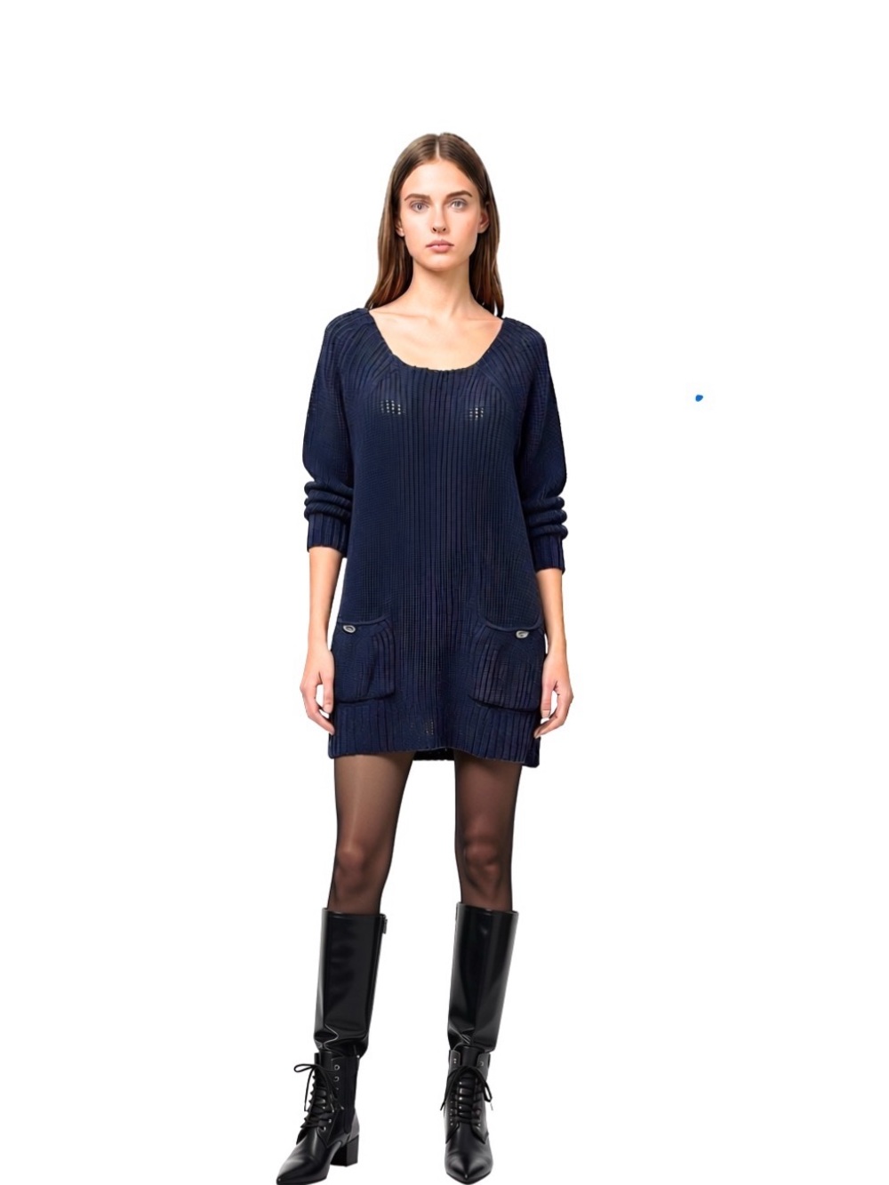 Free People Rib-Knit Navy Sweater Dress Tunic, Back Buttons, Pocket Detail